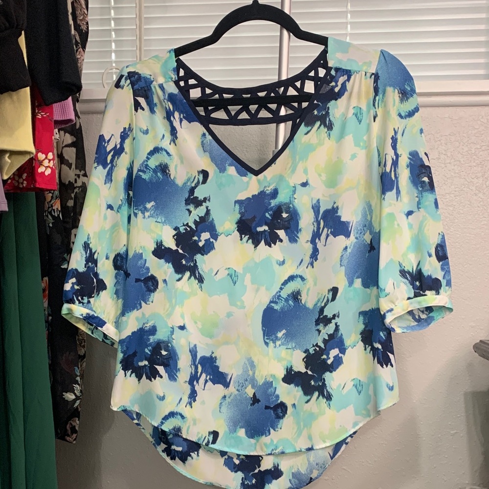 Iz‎ Byer Floral V-Neck Blouse - Blue and Green